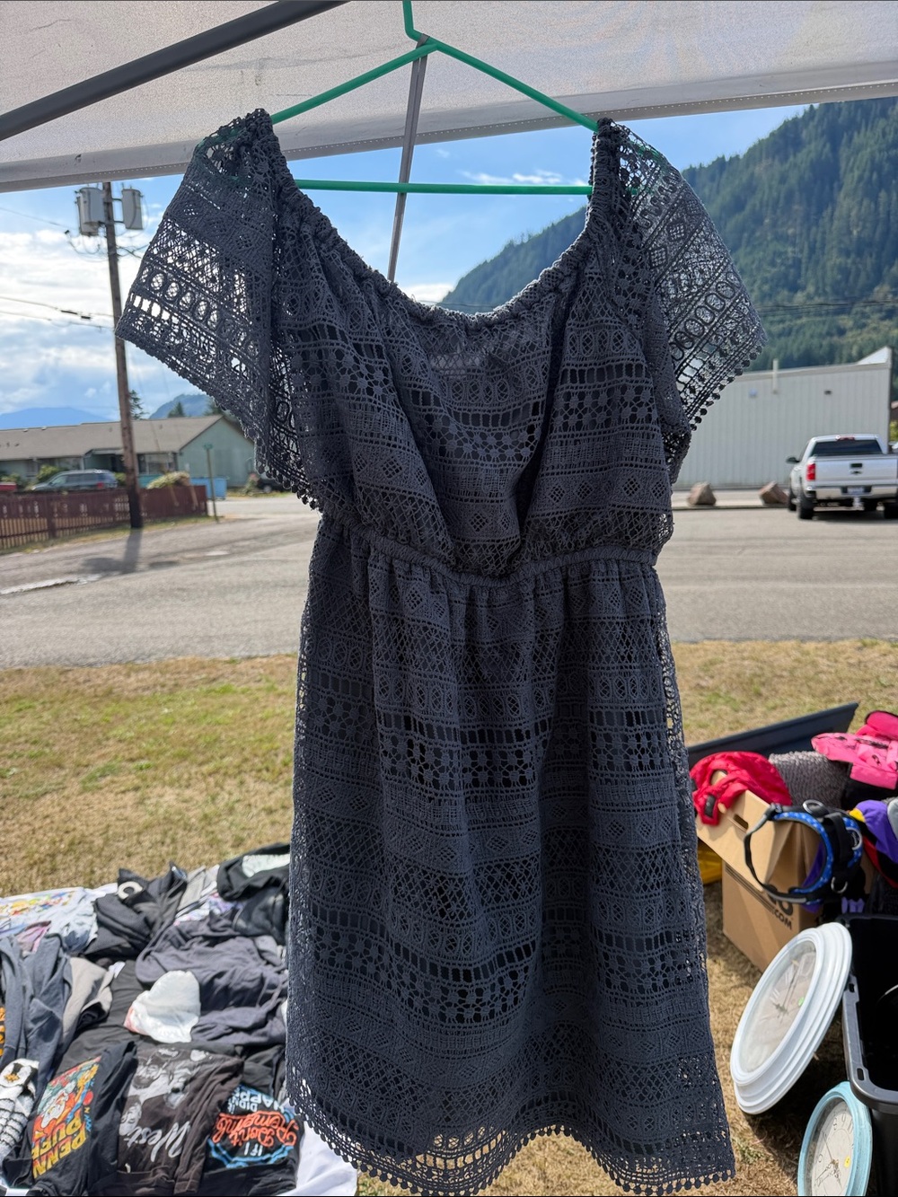 Off the shoulder lace eyelet midi dress